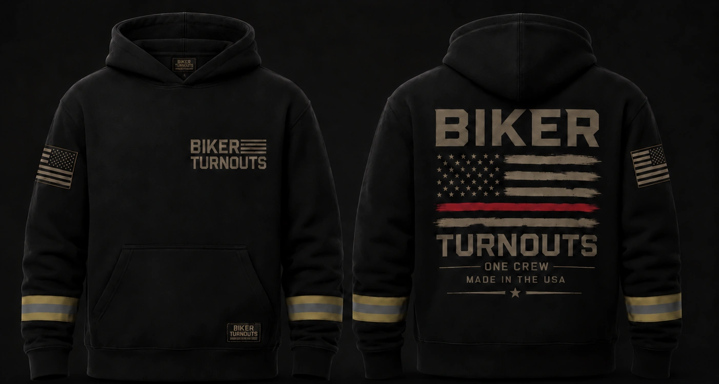 Biker Turnouts black hoodie concept, front and back, with gold sleeve stripes and a red-line flag graphic
