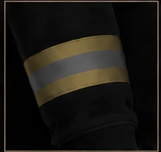 Gold and gray turnout-inspired sleeve bands in the hoodie concept